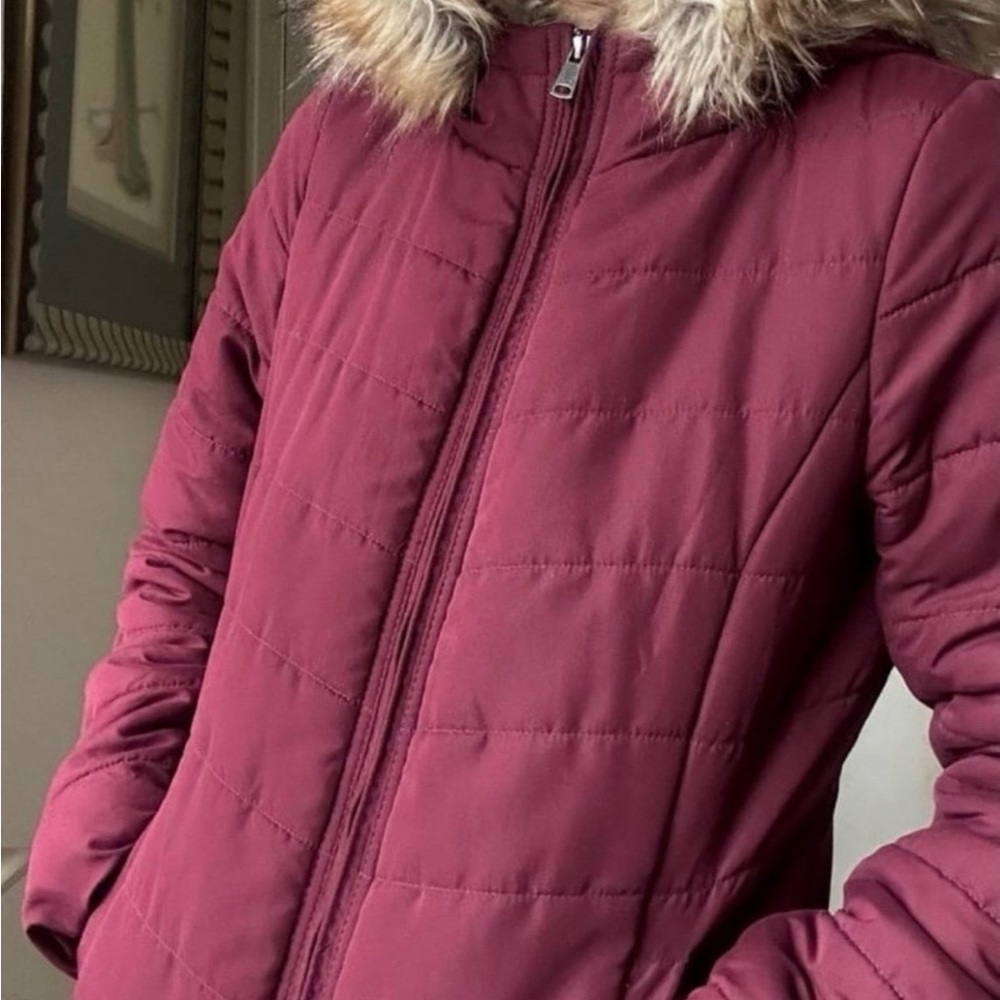 Only Red Puffer Jacket with Faux Fur Hood